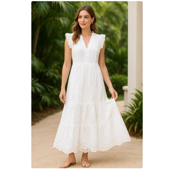 Lilly Pulitzer Klaudie Ruffle Sleeve Eyelet Midi Maxi Dress Size 4 Resort White - Picture 1 of 16